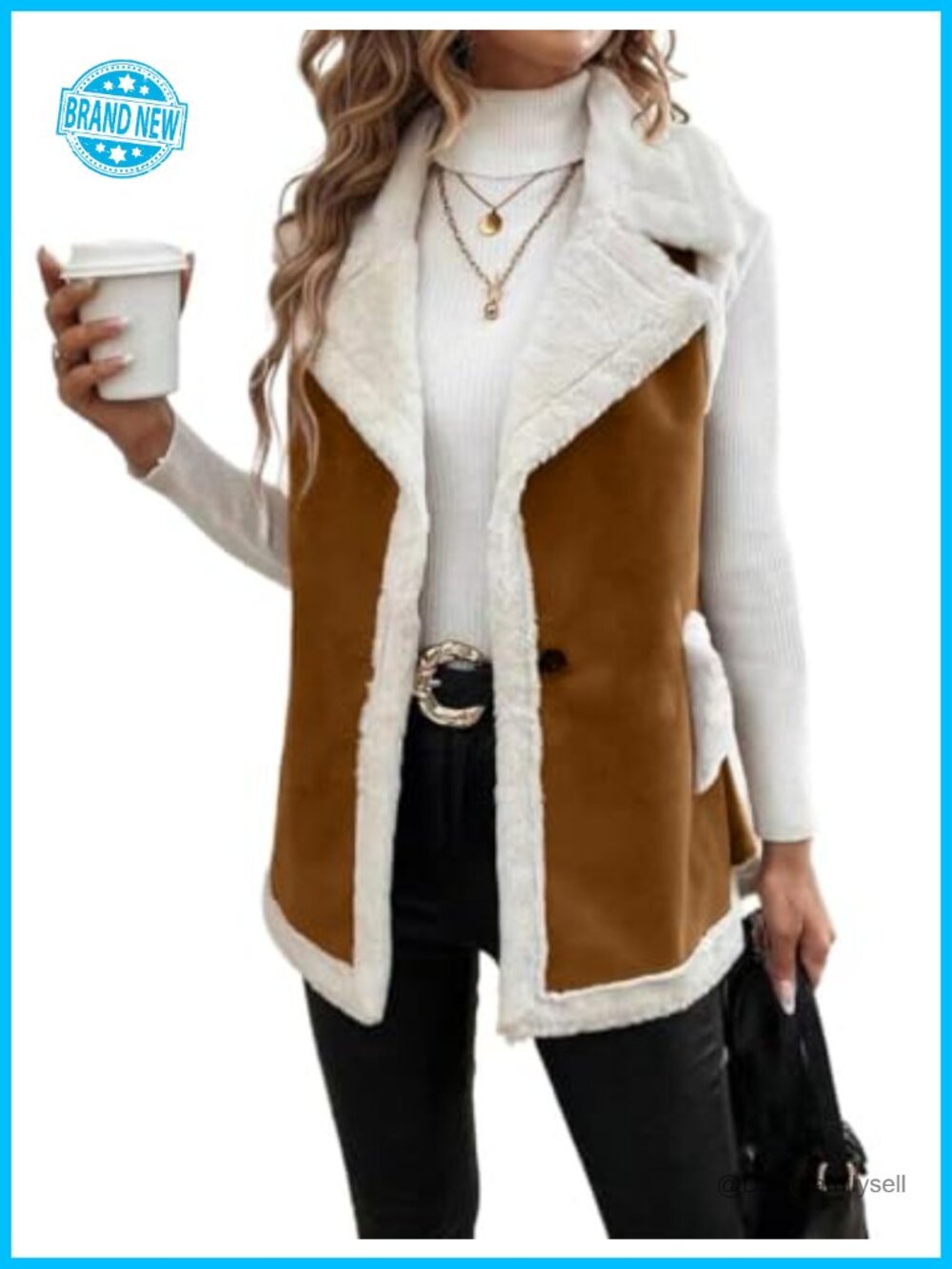 Sherpa Lined Suede Vest Faux Fur Sleeveless Button Down Warm Winter Coat